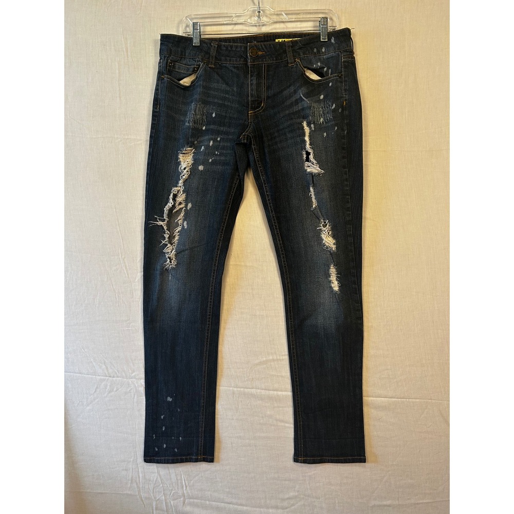 Indigo Rein Womens Distressed Skinny Jeans Dark Wash Paint Splatter Size 13